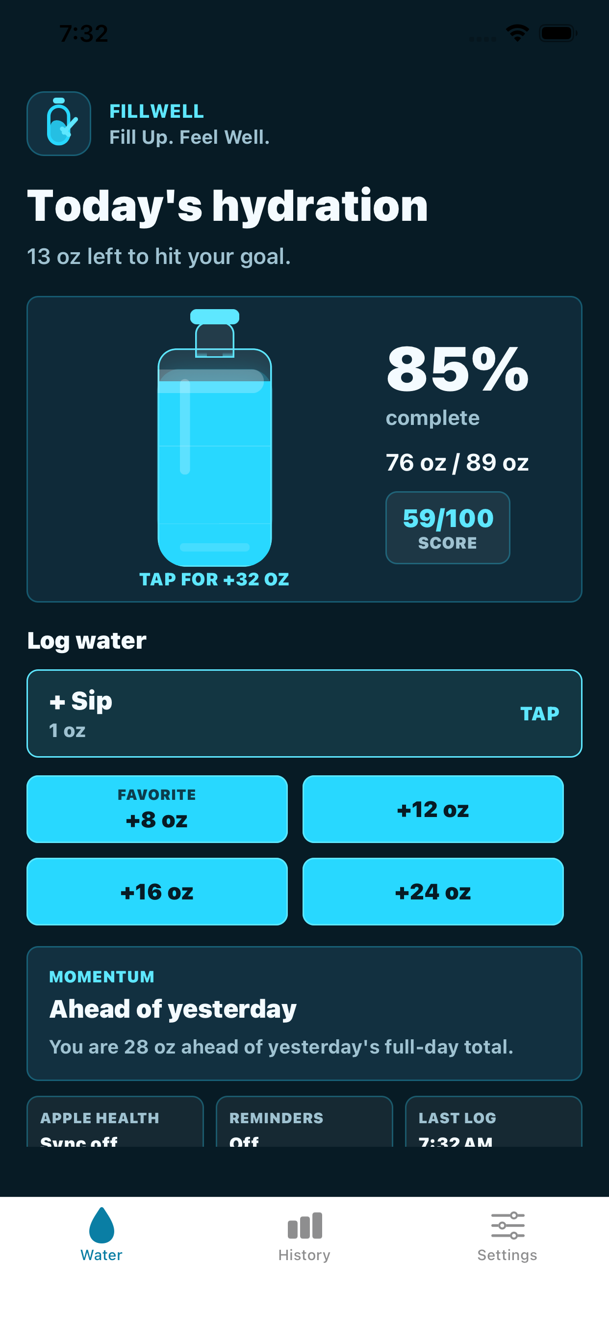 FillWell Water tab showing the daily bottle fill progress and quick-add buttons.